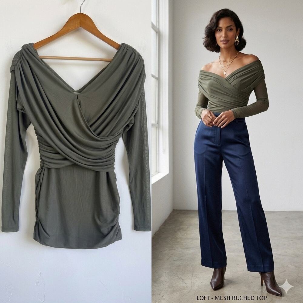 NWT LOFT Mesh Ruched Off The Shoulder Top Olive Grove Green Size XL Slim Fit